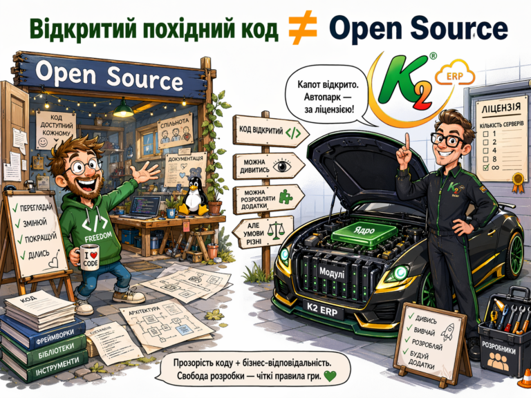 Відкритий похідний код, Open Source і K2 ERP без vendor lock: відкритий код K2 ERP