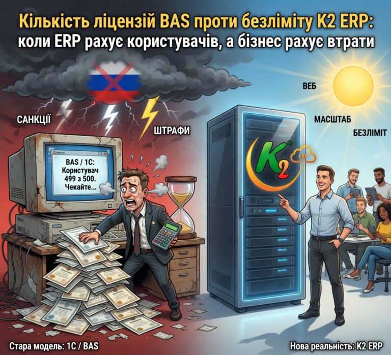 Кількість ліцензій BAS проти безліміту K2 ERP без vendor lock: відкритий код K2 ERP