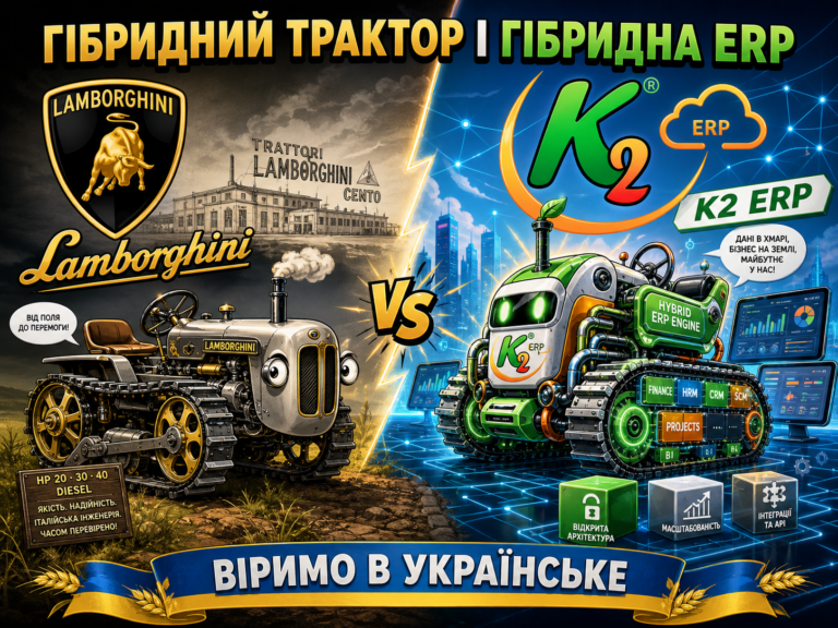 Гібридний трактор Lamborghini і гібридна ERP K2 без vendor lock: відкритий код K2 ERP